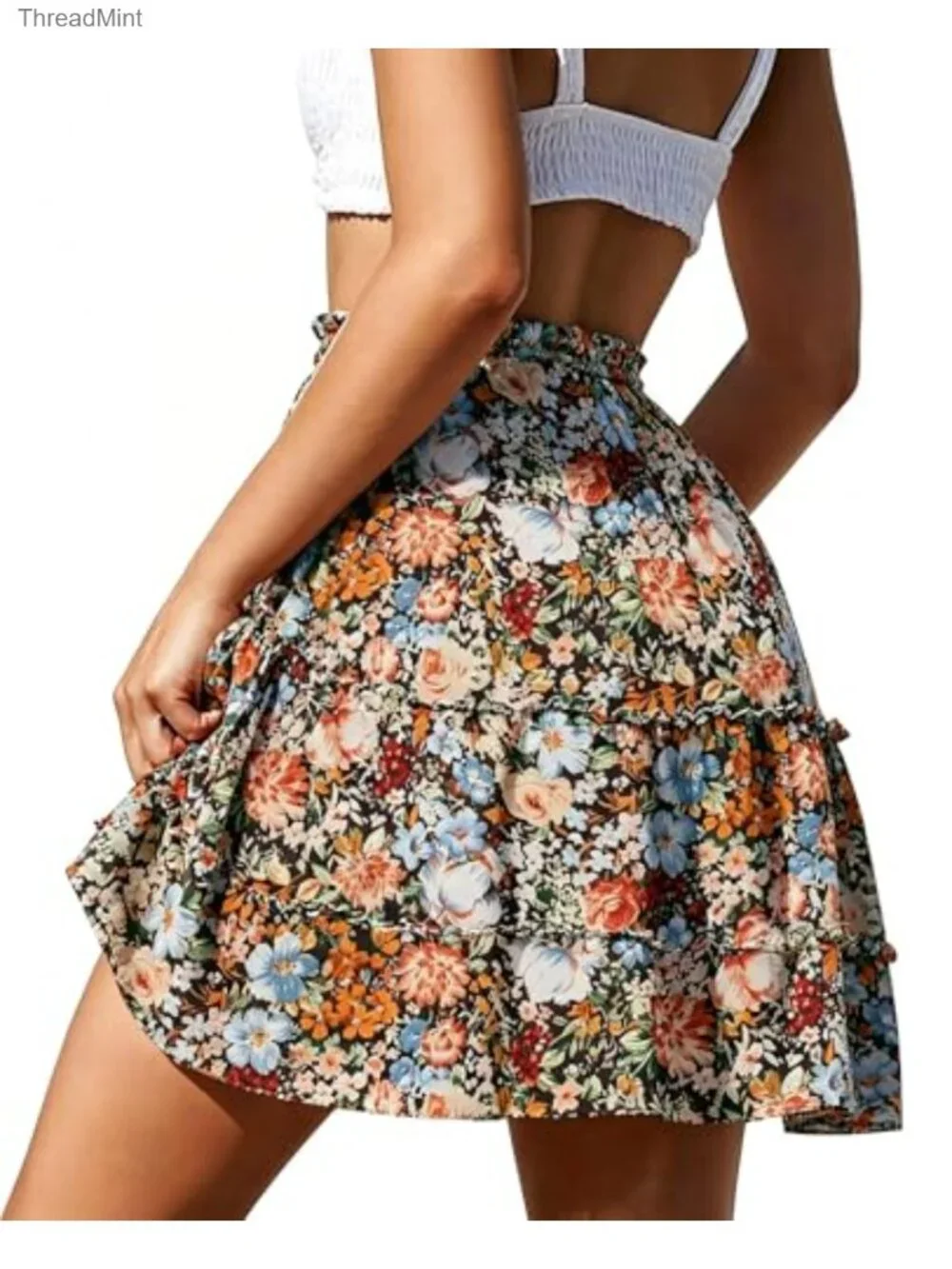 Women's Boho Floral Mini Skirt High Waist Drawstring A-Line